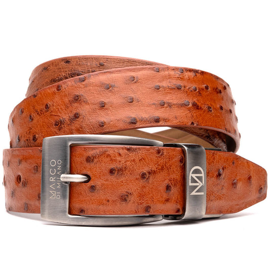 A cognac Domenico Belt by Marco Di Milano with a silver buckle, designed to pair perfectly with genuine ostrich belts and luxury footwear.