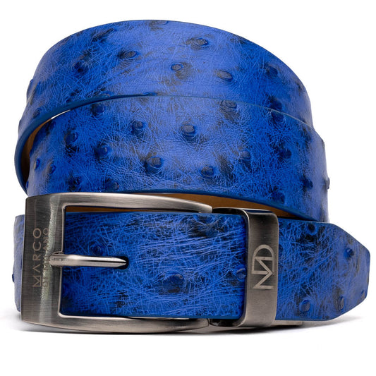 The Domenico Belt Electric Blue by Marco Di Milano features textured leather and a silver "MD" engraved buckle, pairing perfectly with luxury footwear. Experience sophistication inspired by classic ostrich belts.