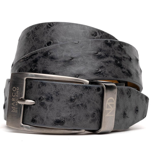 The Domenico Belt Antique Gray by Marco Di Milano, crafted from ostrich leather with a silver logo buckle, is coiled in a loop against a white background—an essential accessory for lovers of luxury footwear and premium belts.
