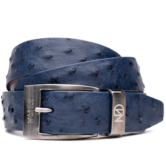 The Domenico Belt Navy by Marco Di Milano is crafted from blue ostrich leather, features a silver buckle engraved with the brand’s logo, and makes an elegant match for their luxury footwear.