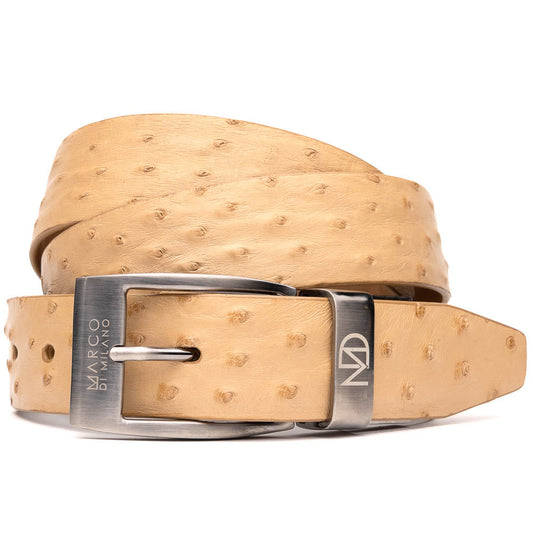 The Domenico Belt Orix by Marco Di Milano is a tan ostrich leather belt with a silver buckle featuring the brand's logo—a refined accessory from the esteemed designer.