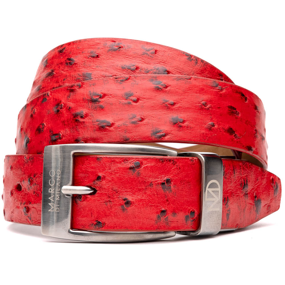 The Domenico Belt Red by Marco Di Milano is a red ostrich leather belt with black spots, finished with a silver rectangular buckle engraved with the brand's logo—an elegant match for Marco Di Milano luxury footwear.