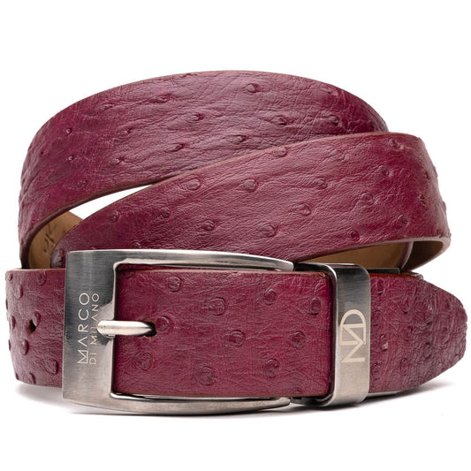 The Domenico Belt Wine by Marco Di Milano is crafted from maroon leather with an exotic ostrich texture and a silver buckle engraved with "Marco Di Milano" and "MD", featuring exquisite hand-painted finishes to complement luxury footwear.