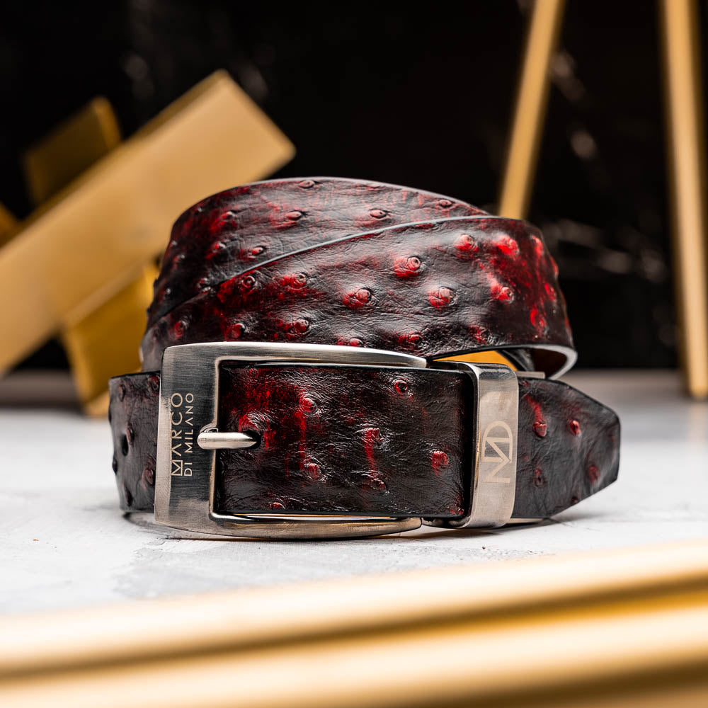 The Domenico Belt Blackcherry by Marco Di Milano features textured dark leather and a silver buckle with the brand's engraved logo—an ideal match for luxury footwear or refined ostrich belts in your collection.