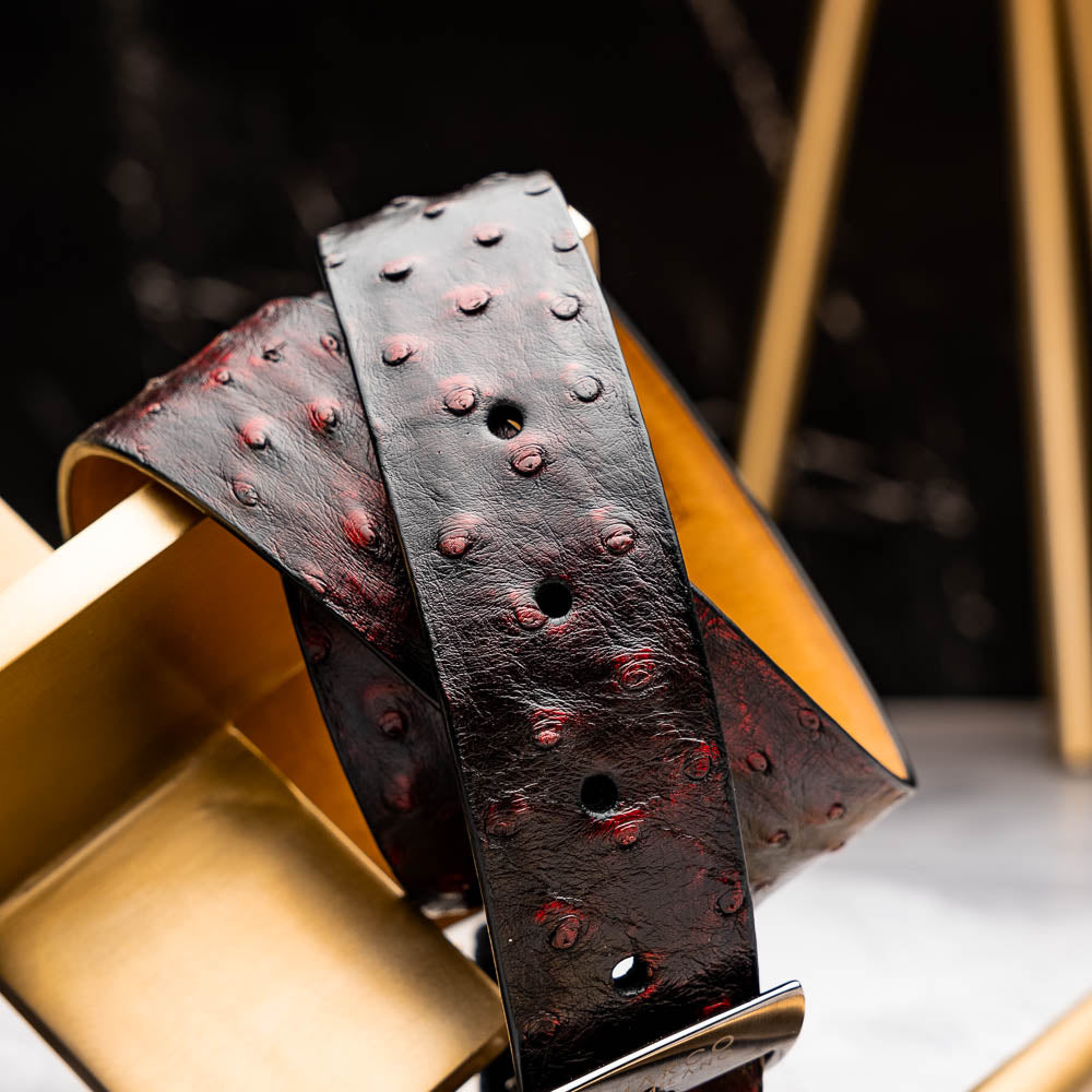 The Domenico Belt Blackcherry by Marco Di Milano features textured dark leather and a silver buckle with the brand's engraved logo—an ideal match for luxury footwear or refined ostrich belts in your collection.