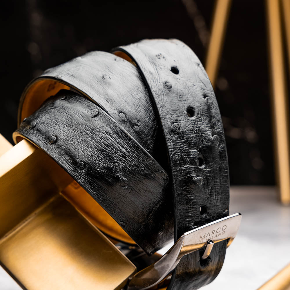 The Domenico Belt Black by Marco Di Milano features black ostrich leather, a silver buckle, and the "MARCO DI MILANO" logo on the metal loop—a sophisticated accessory from the luxury brand Marco Di Milano.