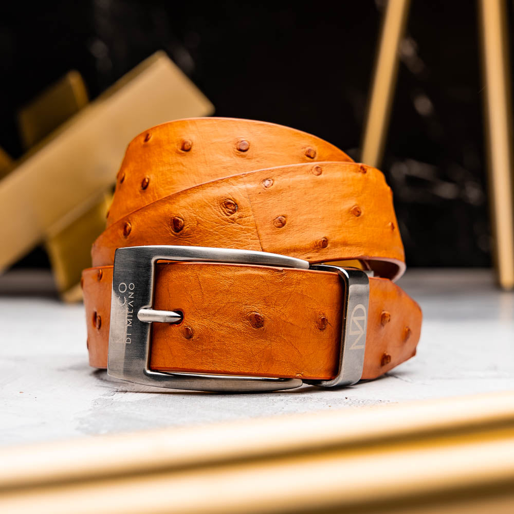 The Domenico Belt Brandy by Marco Di Milano, featuring rich brown ostrich leather and a silver branded buckle, is coiled on a white background—an elegant accessory to complement luxury footwear.