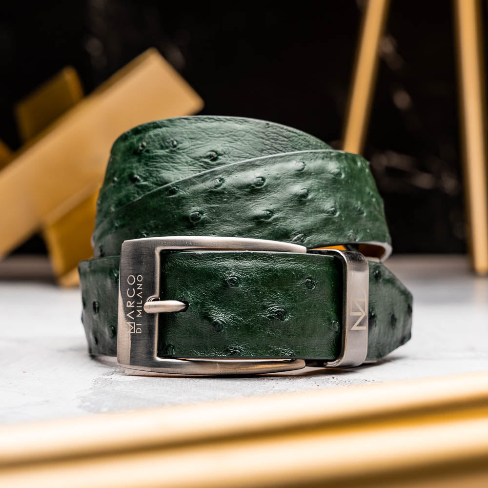 The Domenico Belt Forest Green by Marco Di Milano features textured ostrich leather and a silver buckle—an ideal match for your luxury footwear collection.