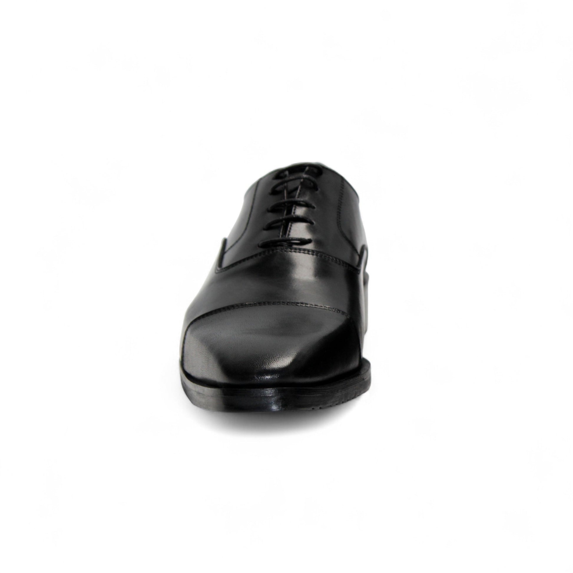 The Firmani Owen Black by Firmani is a genuine leather oxford dress shoe with a cap toe, laces, and low stacked heel, shown in profile on a white background—an icon of timeless style.