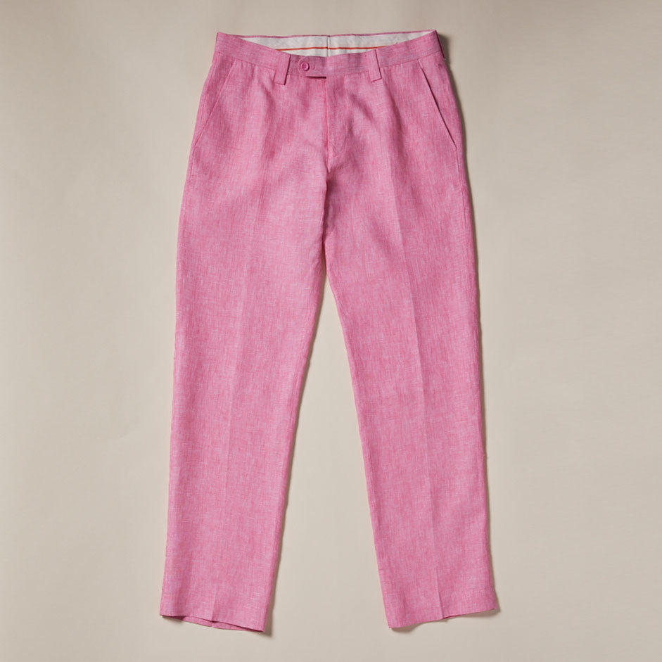 The Inserch Linen Pants P3116-00057 Summer Pink by Inserch are premium pink linen pants featuring a button and zip closure, side pockets, and straight legs, shown laid flat on a light background.