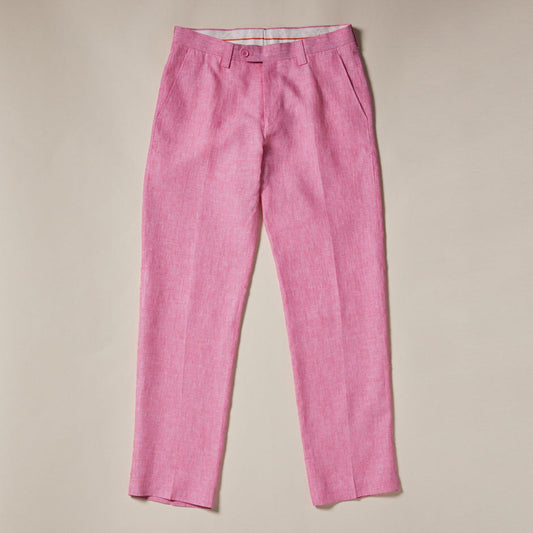 The Inserch Linen Pants P3116-00057 Summer Pink by Inserch are premium pink linen pants featuring a button and zip closure, side pockets, and straight legs, shown laid flat on a light background.