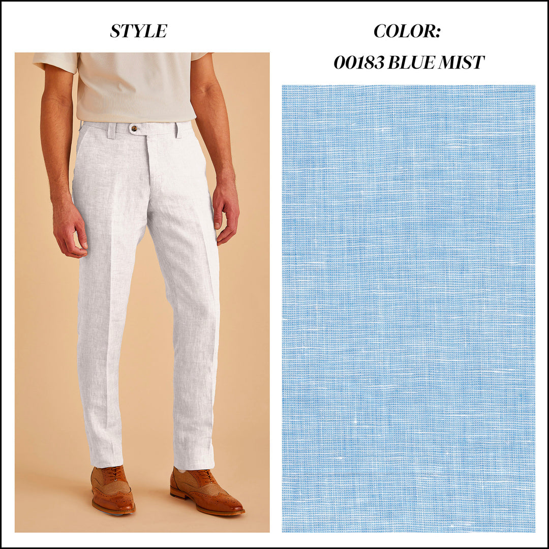 A man in sleek Inserch Slim Linen Pants P880-00183 Blue Mist stands beside a fabric swatch of the same name, pairing them with brown shoes.