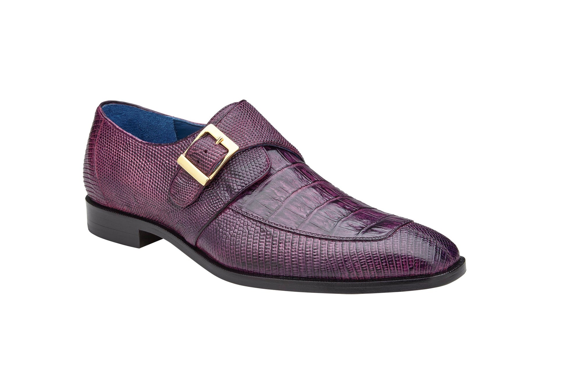 The BELVEDERE Pablo R90 is a genuine antique purple caiman crocodile dress shoe for men, featuring a gold monk strap buckle, leather sole, and low black heel, shown in profile on a white background.