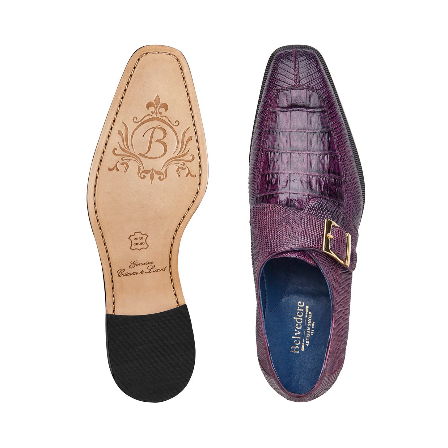 The BELVEDERE Pablo R90 is a genuine antique purple caiman crocodile dress shoe for men, featuring a gold monk strap buckle, leather sole, and low black heel, shown in profile on a white background.