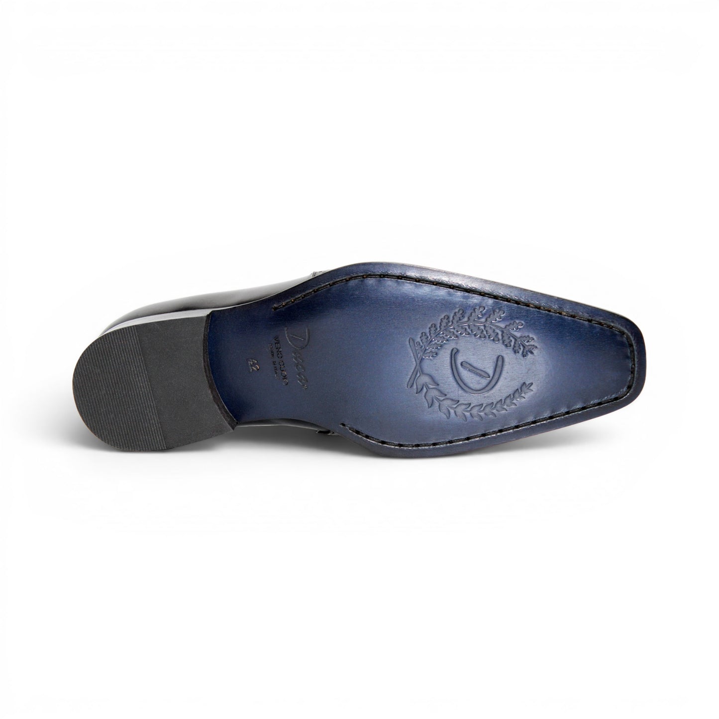 The Duca Di Matiste Duca Paliano Black is an Italian-made slip-on dress shoe in premium black calf leather, featuring a low heel and decorative perforations, shown in profile for timeless style.