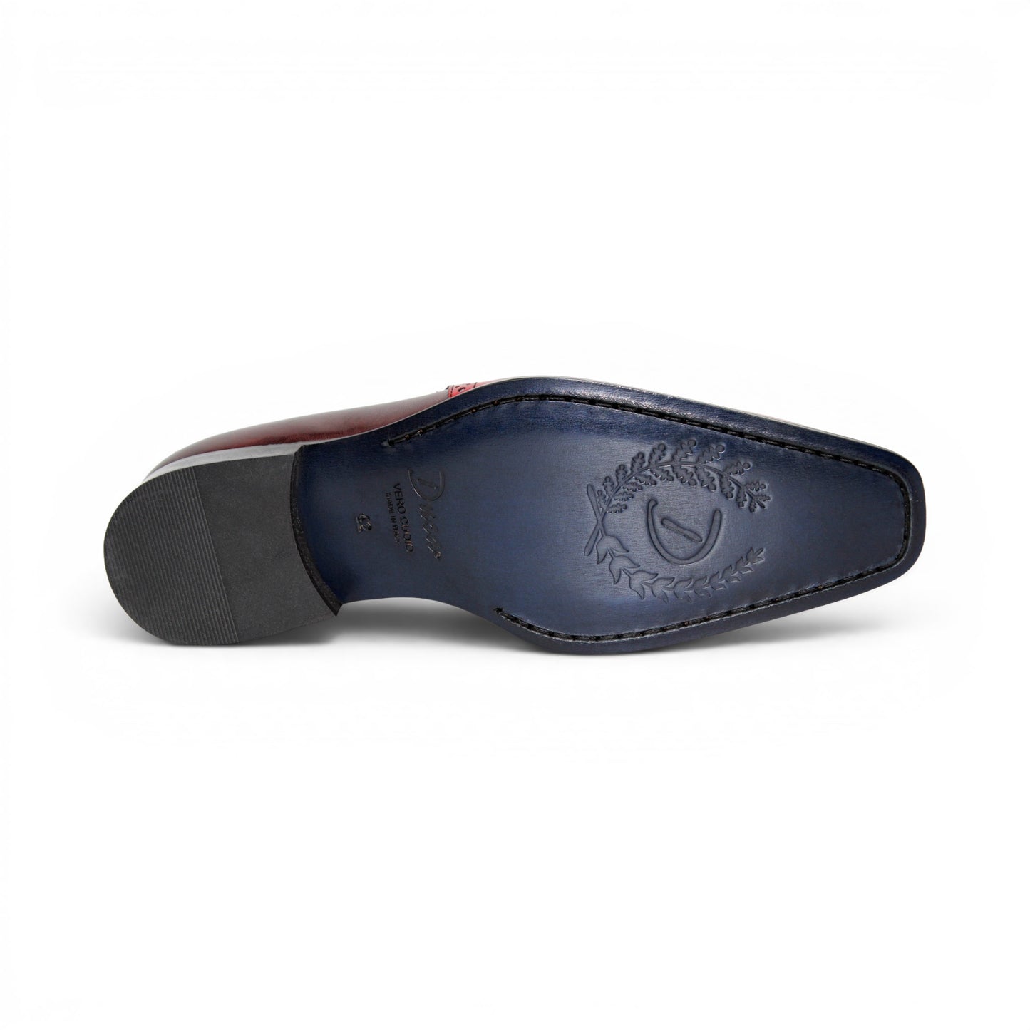 The Duca Di Matiste Duca Paliano Red/Burgundy is a men’s slip-on dress shoe in fine calf leather, featuring a red and dark brown upper with decorative perforations and a black low heel—Italian-made timeless style.