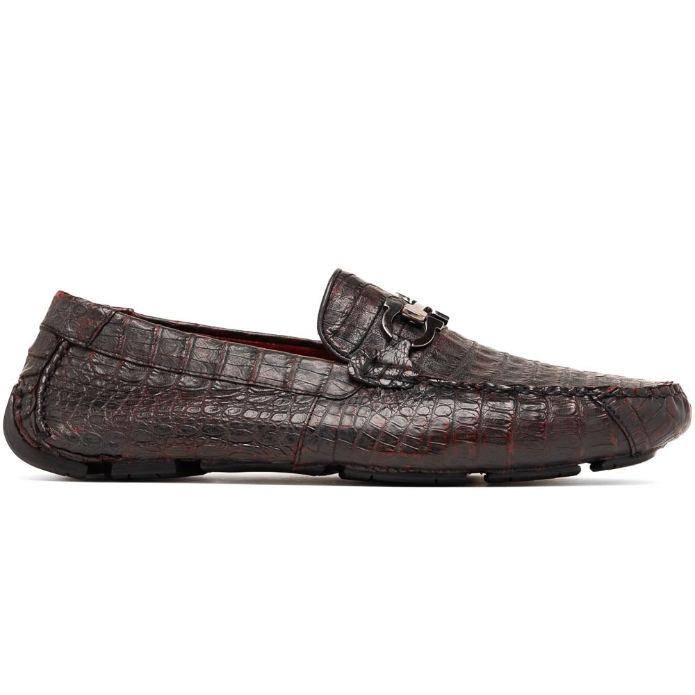 The Marco Di Milano Parma Blackcherry loafers feature genuine caiman leather with a crocodile pattern and metal buckle detail—luxury men's slip-ons shown upright and angled to display the sole, designed for effortless elegance.
