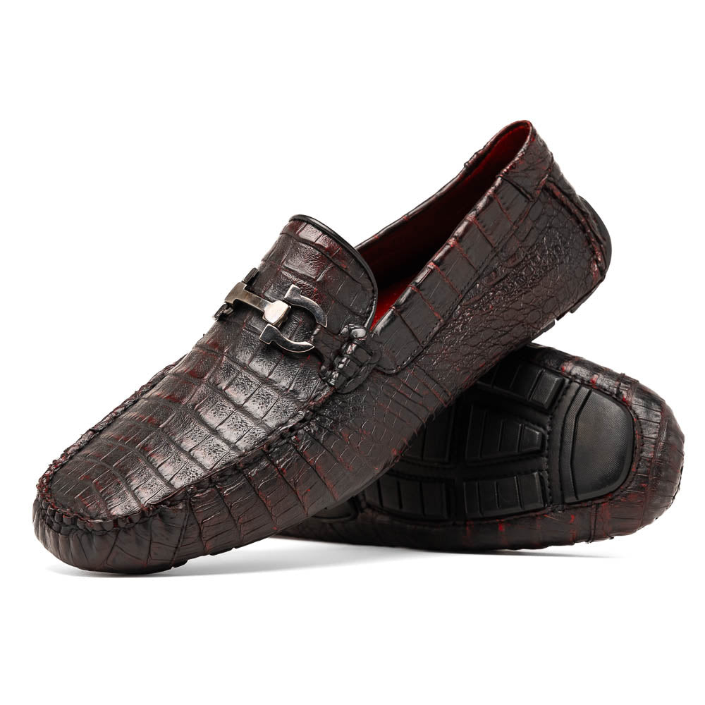 The Marco Di Milano Parma Blackcherry loafers feature genuine caiman leather with a crocodile pattern and metal buckle detail—luxury men's slip-ons shown upright and angled to display the sole, designed for effortless elegance.