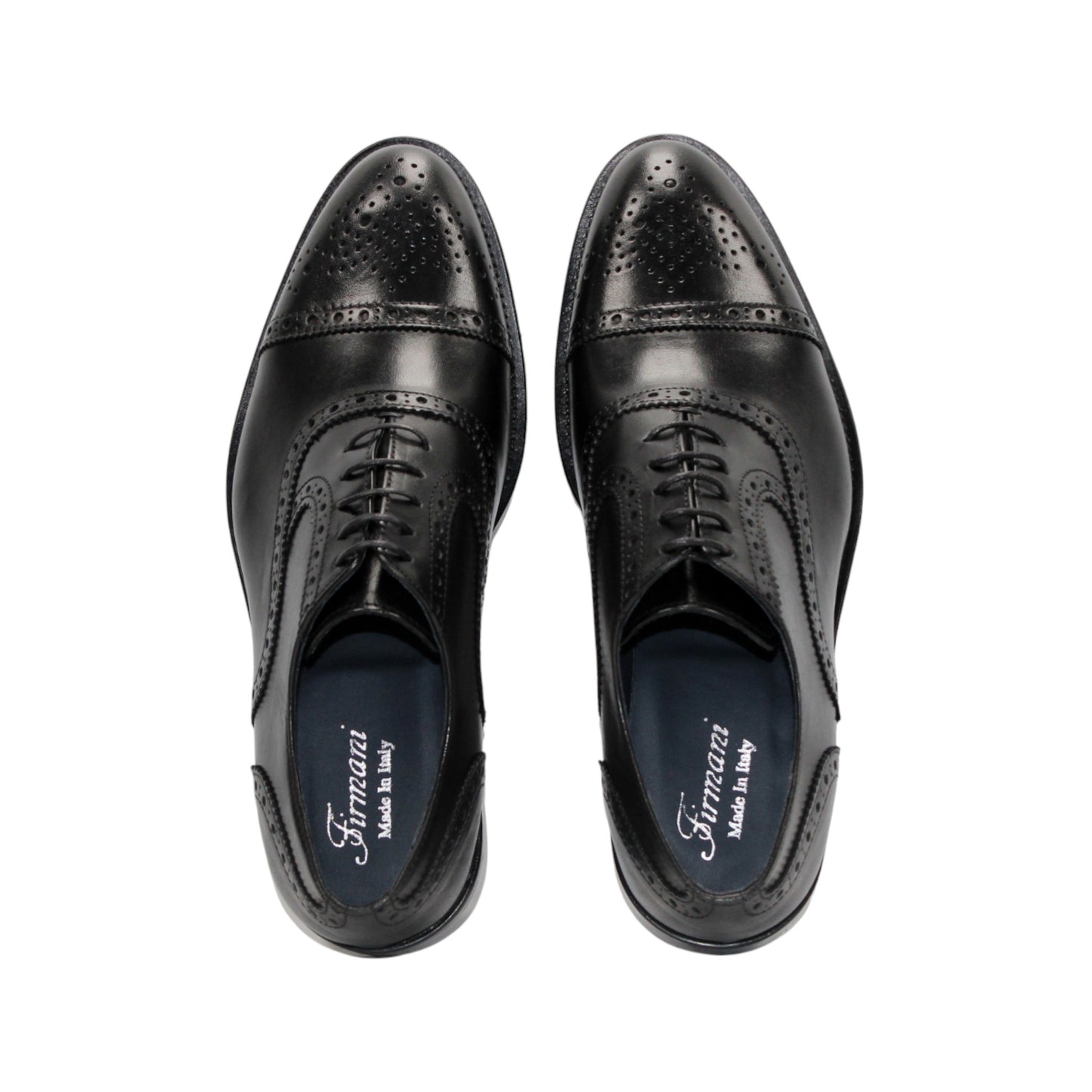 The Firmani Paul Black by Firmani is a black genuine leather oxford dress shoe with brogue detailing, laces, and a low heel, shown from the side against a white background.
