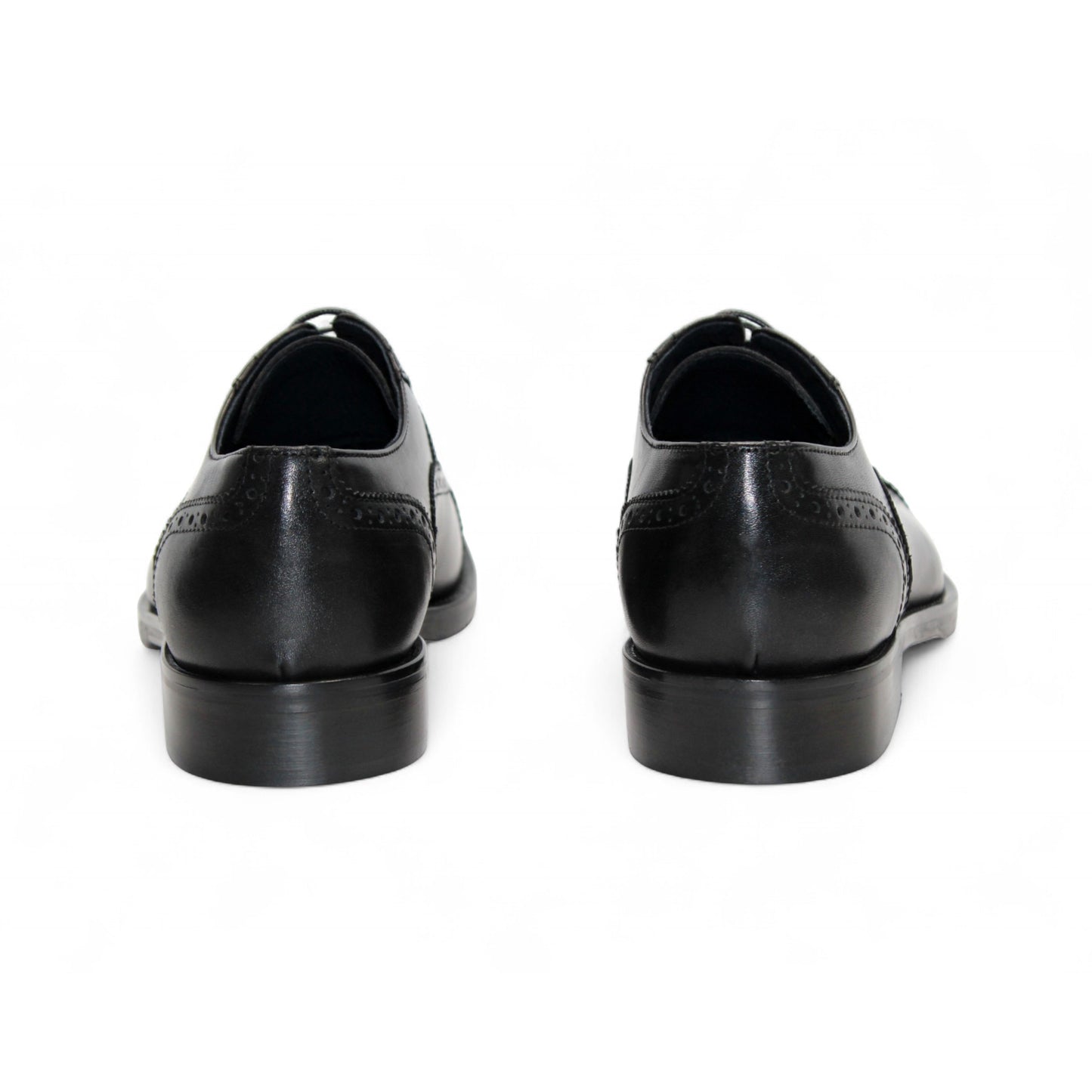 The Firmani Paul Black by Firmani is a black genuine leather oxford dress shoe with brogue detailing, laces, and a low heel, shown from the side against a white background.