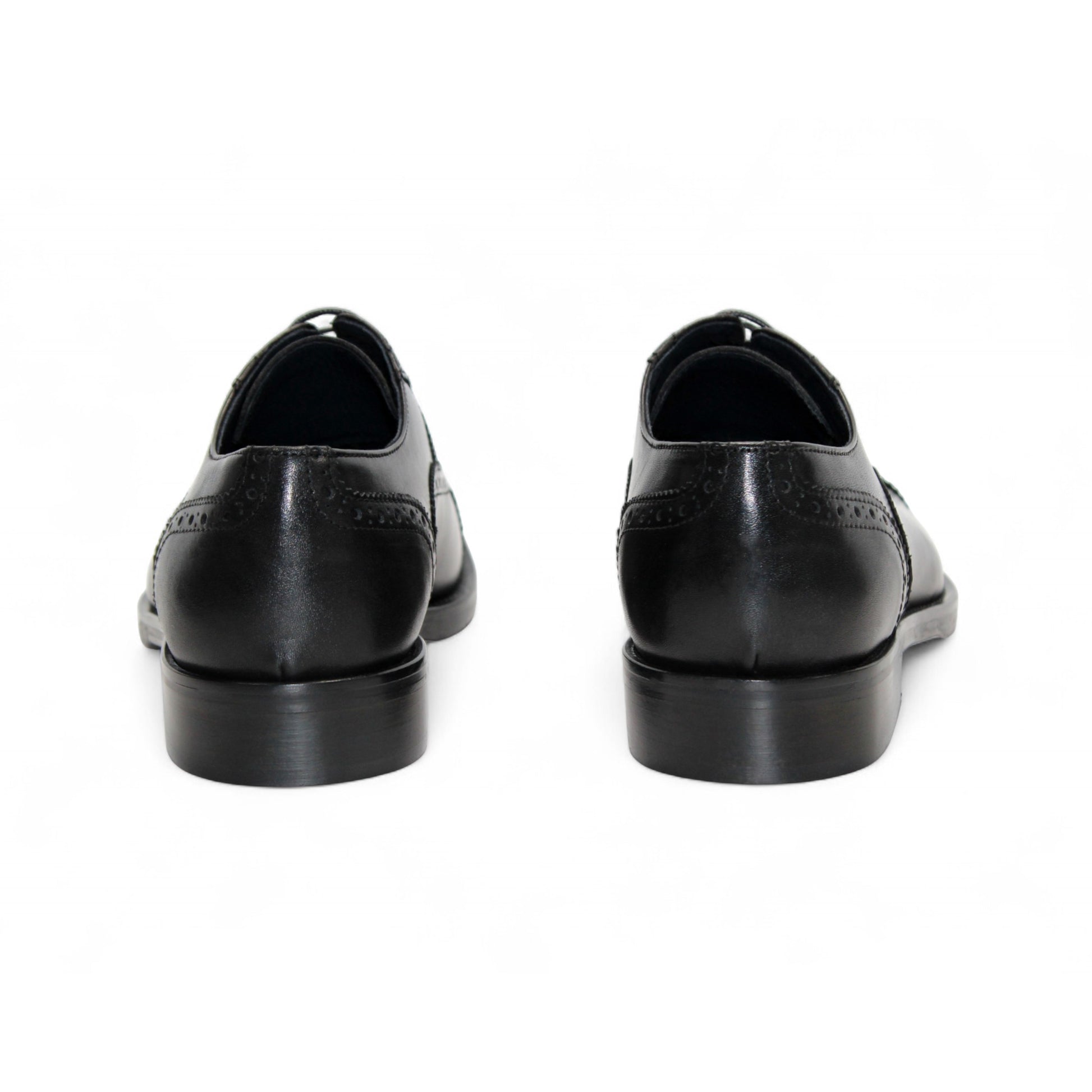 The Firmani Paul Black by Firmani is a black genuine leather oxford dress shoe with brogue detailing, laces, and a low heel, shown from the side against a white background.
