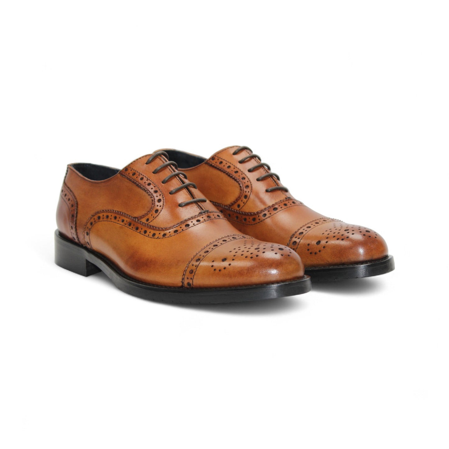 The Firmani Paul Cognac men's dress shoe by Firmani features genuine leather, decorative brogue detailing, black sole, and laces, displayed in a side profile view on a white background.