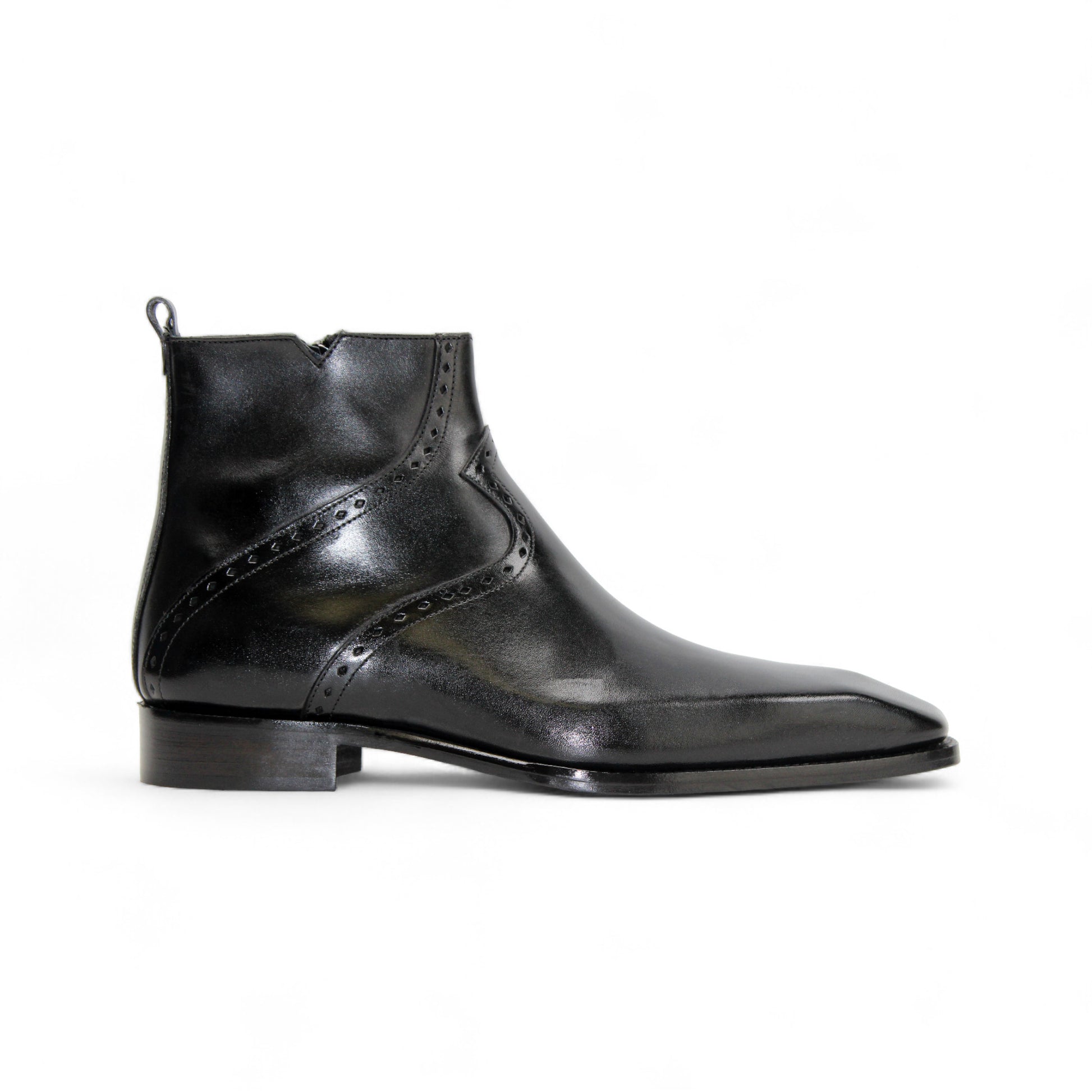 The Duca Di Matiste Duca Pedaso Black is a genuine leather ankle boot with decorative stitching, low heel, and side zipper, shown on a white background—crafted for timeless style.
