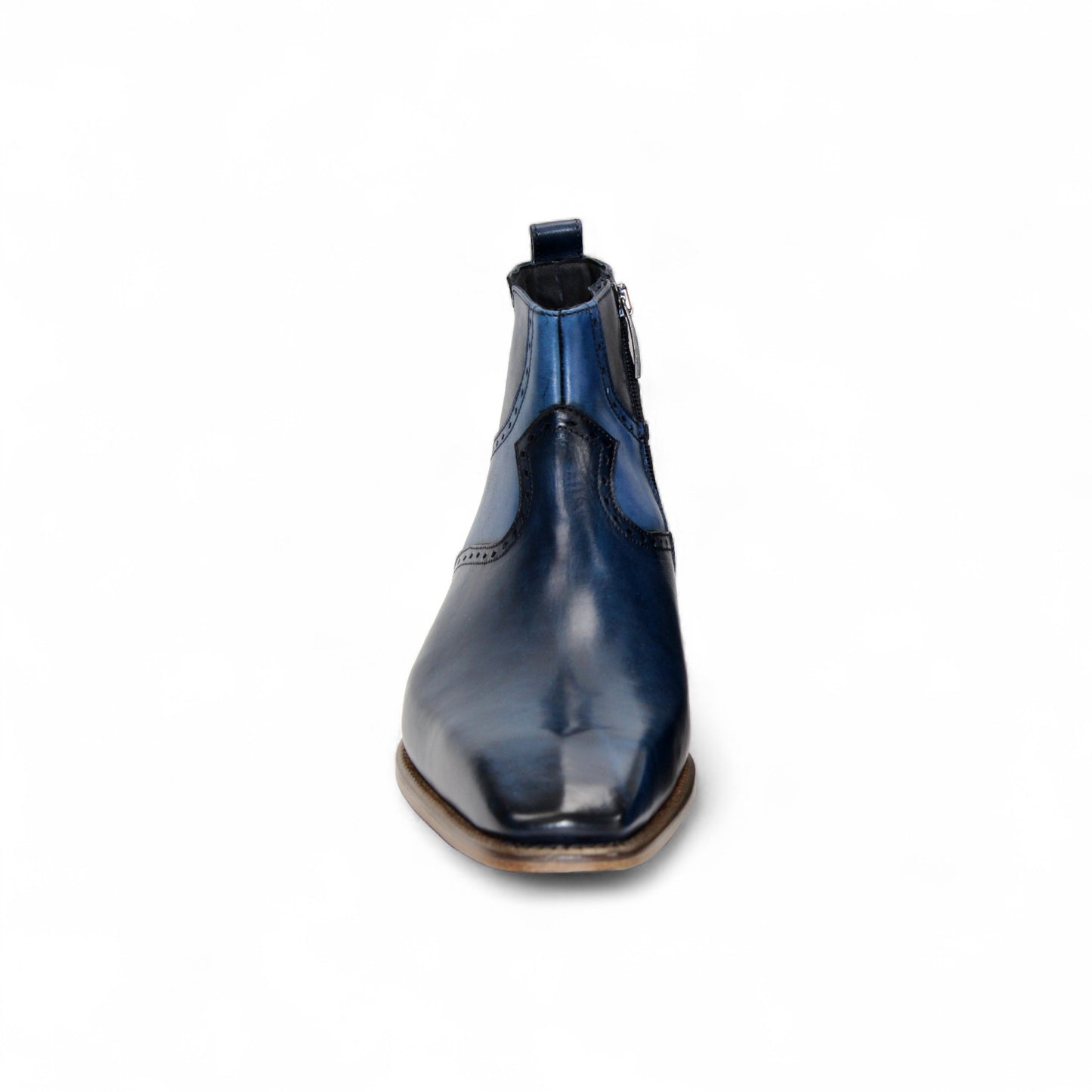 The Duca Pedaso Navy by Duca Di Matiste is a genuine leather ankle boot in blue, featuring black stitching, a side zipper, low wooden heel, and pointed toe, displayed in profile against a white background.