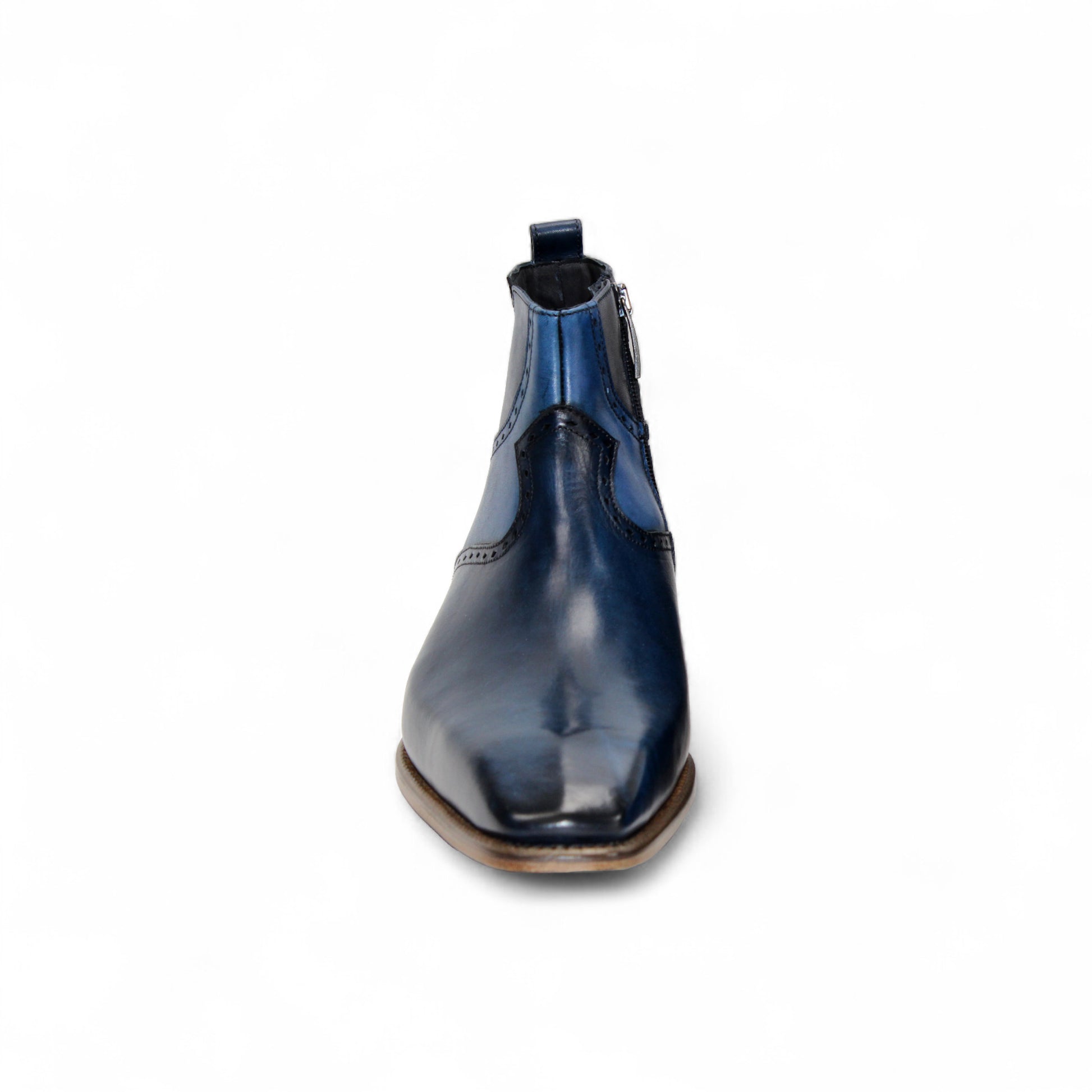 The Duca Pedaso Navy by Duca Di Matiste is a genuine leather ankle boot in blue, featuring black stitching, a side zipper, low wooden heel, and pointed toe, displayed in profile against a white background.