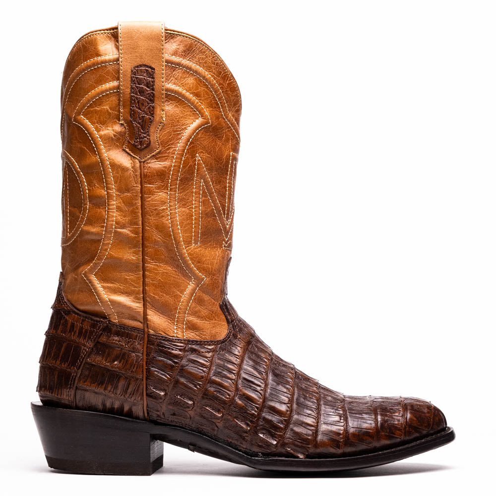 The Marco Di Milano Phoenix Aged Maple boots feature a textured brown full-grain leather foot, a lighter tan shaft, and display one boot upright while the other shows the branded sole.