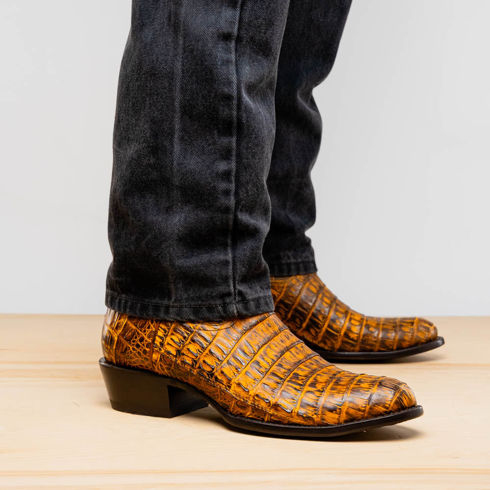 The Phoenix Mustard Brown by Marco Di Milano is a pair of Western boots in genuine caiman belly leather with a textured exotic finish and branded sole, shown against a white background.
