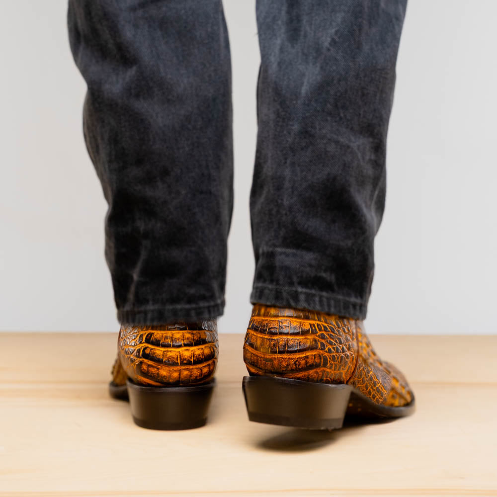 The Phoenix Mustard Brown by Marco Di Milano is a pair of Western boots in genuine caiman belly leather with a textured exotic finish and branded sole, shown against a white background.