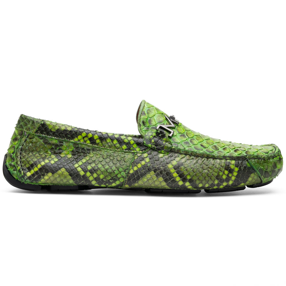 A pair of Marco Di Milano’s Pia Lemon Green driver shoes—crafted from green python skin with black soles and silver buckles—one upright and the other leaning gracefully, showcases the exquisite luxury of handcrafted men’s exotic footwear.