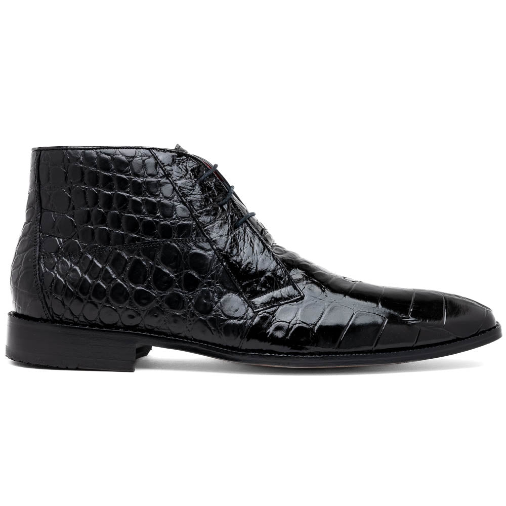 Experience luxury with Marco Di Milano's Pietro Black men's lace-up boots—crafted in black, crocodile-patterned leather with dark laces and brown leather soles.
