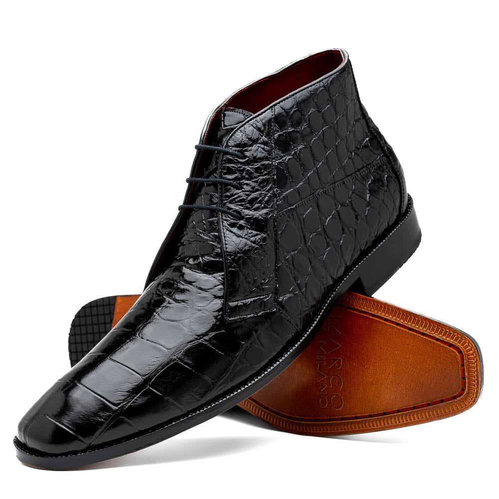 Experience luxury with Marco Di Milano's Pietro Black men's lace-up boots—crafted in black, crocodile-patterned leather with dark laces and brown leather soles.