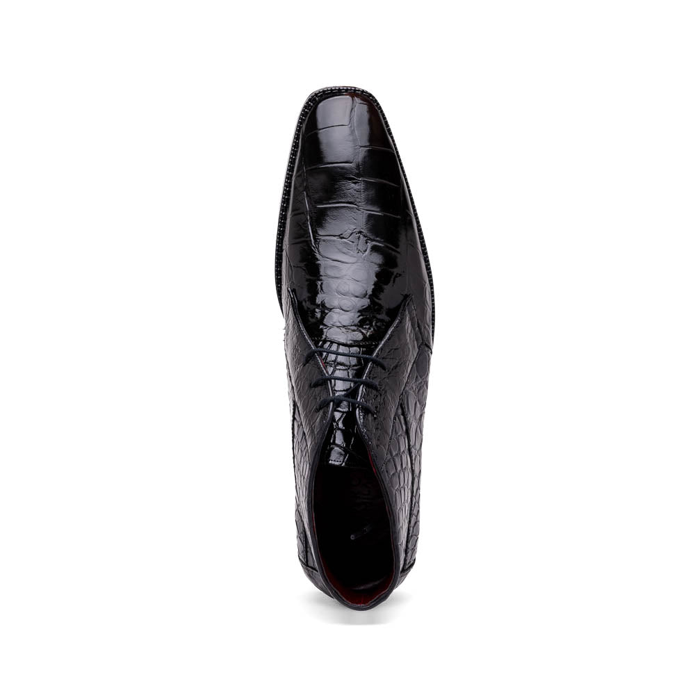 Experience luxury with Marco Di Milano's Pietro Black men's lace-up boots—crafted in black, crocodile-patterned leather with dark laces and brown leather soles.