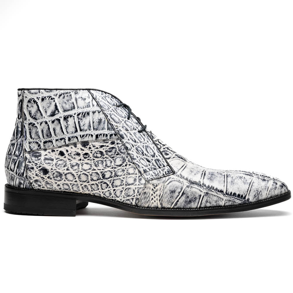 The Pietro Newspaper by Marco Di Milano: men's ankle-high dress boots with a white and black crocodile pattern, black laces, brown leather soles, and hand painted finishes—luxury footwear for a distinctive look.
