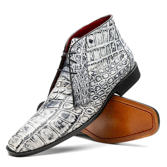 The Pietro Newspaper by Marco Di Milano: men's ankle-high dress boots with a white and black crocodile pattern, black laces, brown leather soles, and hand painted finishes—luxury footwear for a distinctive look.