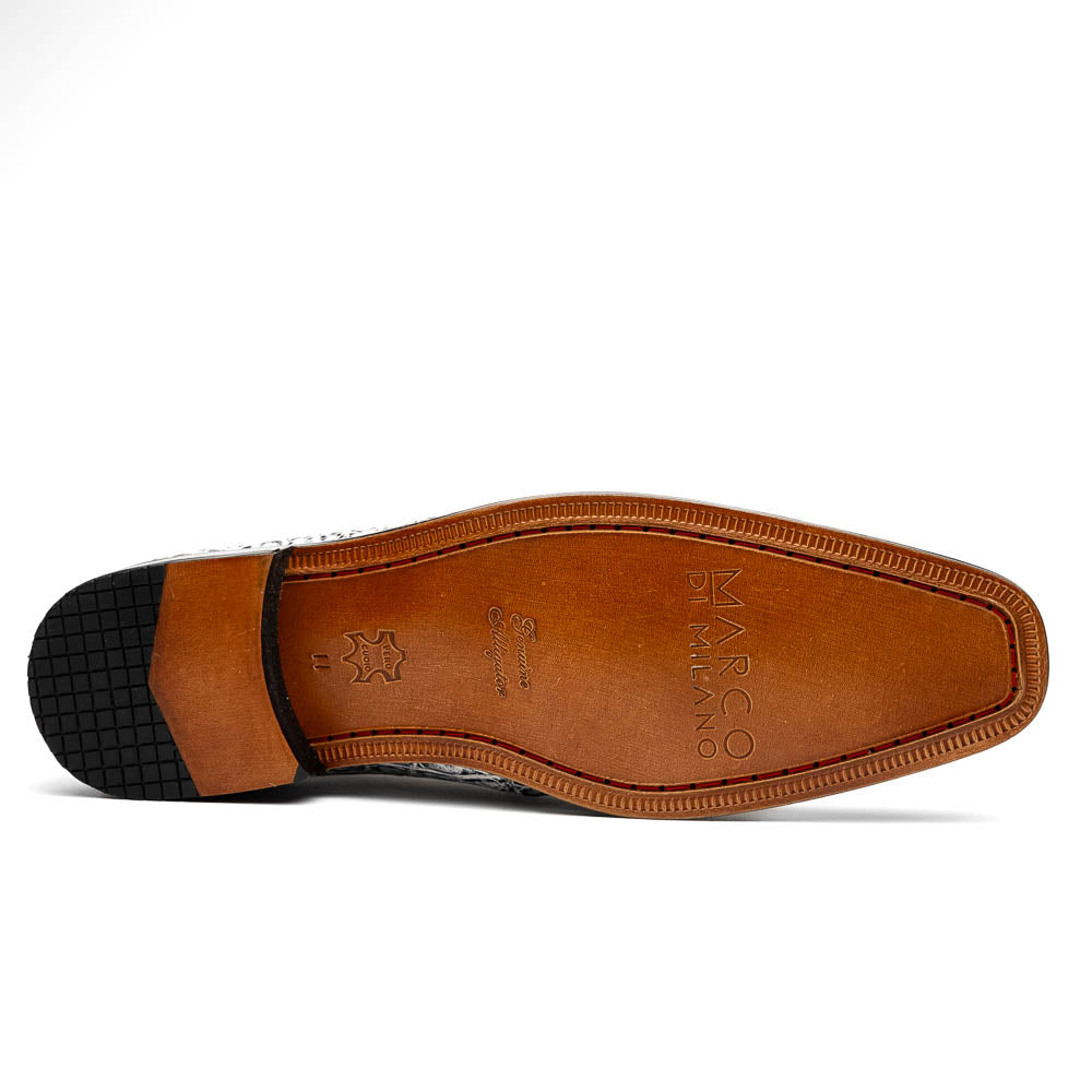 The Pietro Newspaper by Marco Di Milano: men's ankle-high dress boots with a white and black crocodile pattern, black laces, brown leather soles, and hand painted finishes—luxury footwear for a distinctive look.
