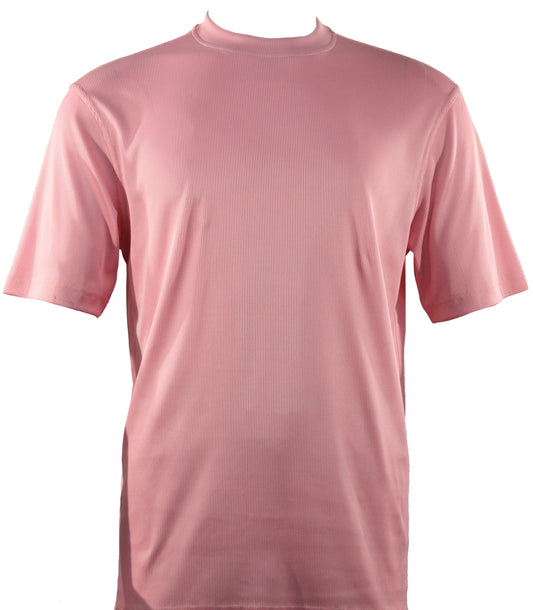 The Bassiri S/S Mock-Neck Pink T-Shirt 218, featuring a comfortable short sleeve design, is elegantly displayed against a crisp white background.