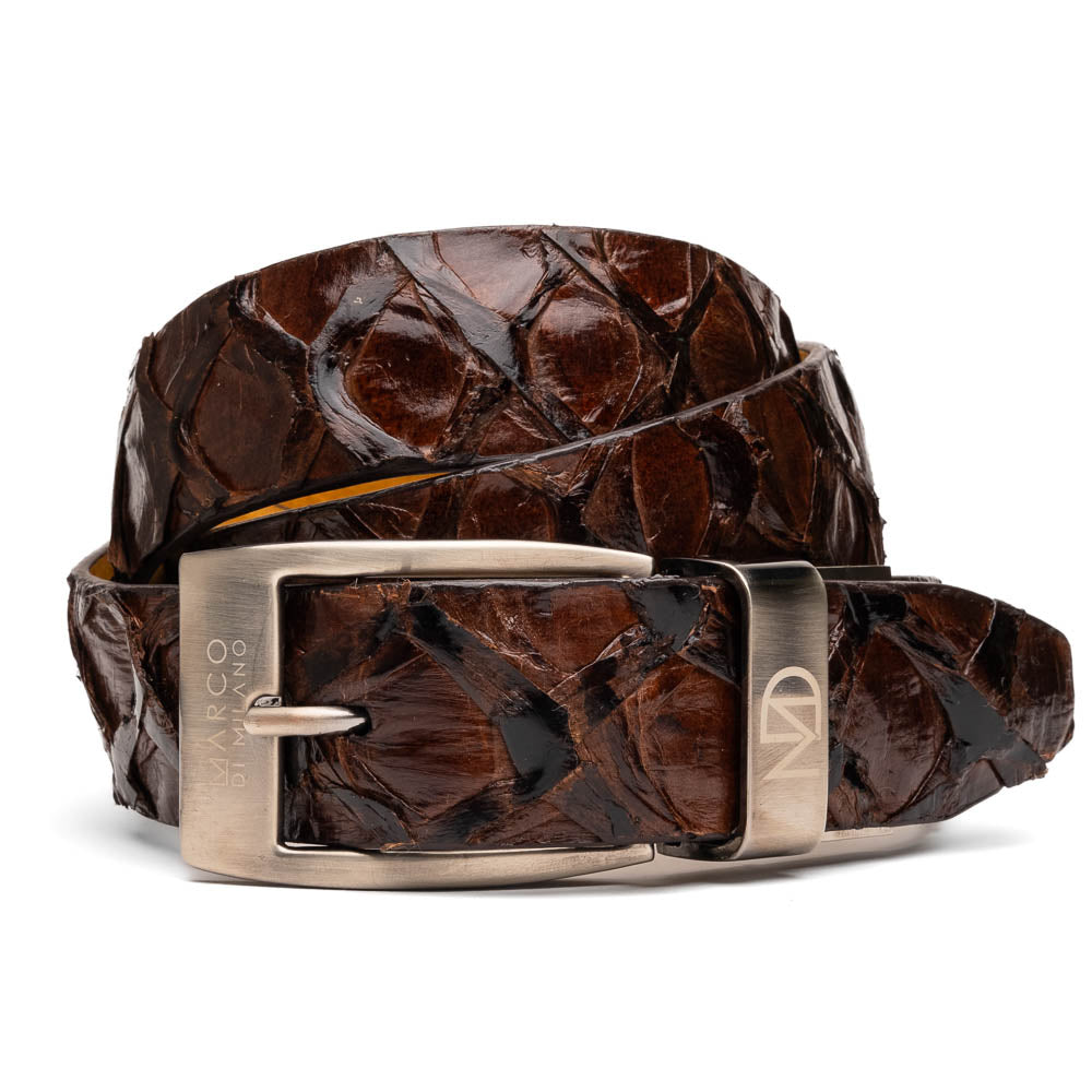 The Olivieri Belt Brown by Marco Di Milano is a genuine pirarucu leather belt with a textured finish, silver buckle, and "MD" initials—ideal for pairing with luxury footwear.