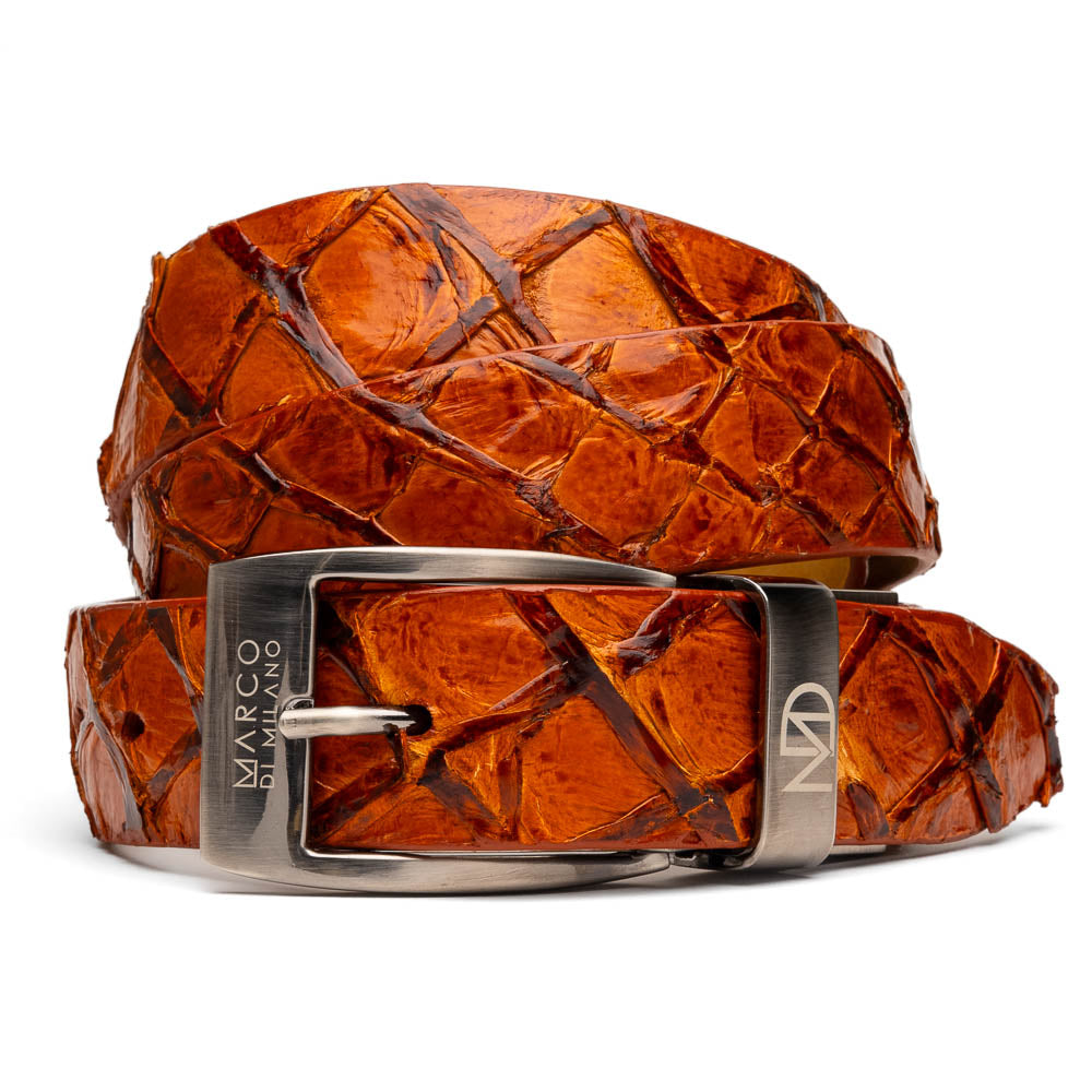 The Olivieri Belt Brandy by Marco Di Milano features brown textured genuine pirarucu leather and a silver buckle engraved with the brand's logo, coiled neatly against a white background.