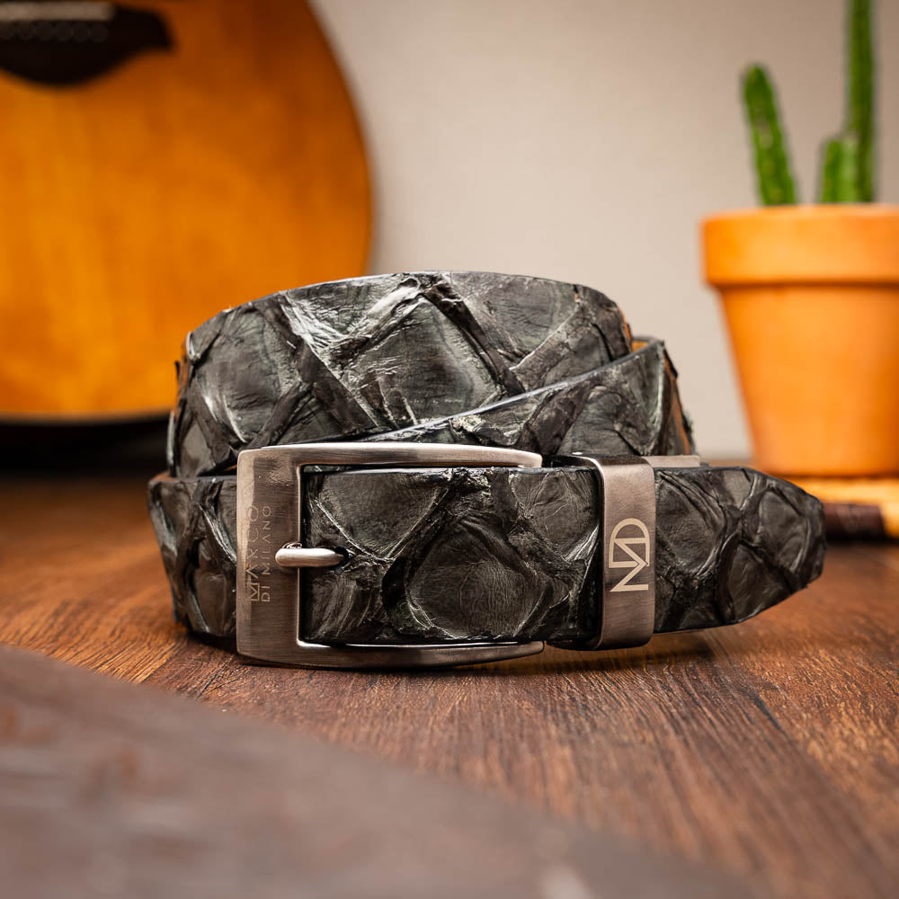 The Olivieri Belt Gray by Marco Di Milano features textured genuine leather in gray with a metallic rectangular buckle engraved with the brand’s initials—a refined accessory to complement luxury footwear.