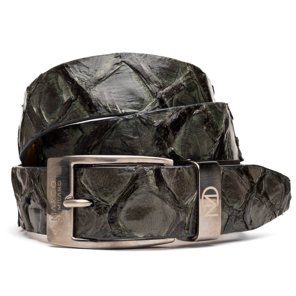 The Olivieri Belt Gray by Marco Di Milano features textured genuine leather in gray with a metallic rectangular buckle engraved with the brand’s initials—a refined accessory to complement luxury footwear.