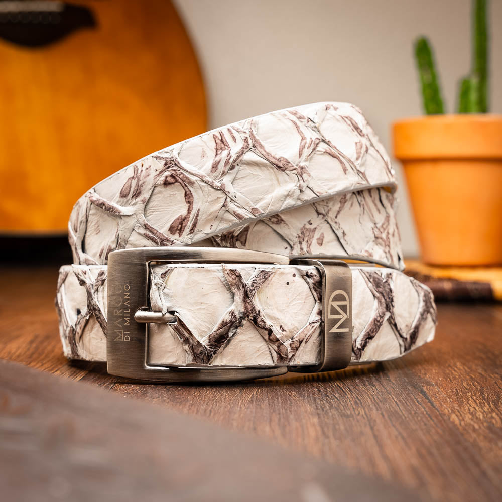 The Olivieri Belt Newspaper by Marco Di Milano features a beige and brown pattern, premium leather, and a silver buckle engraved with the brand logo—ideal for complementing luxury footwear.