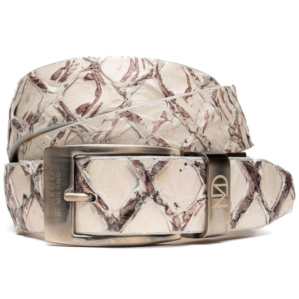 The Olivieri Belt Newspaper by Marco Di Milano features a beige and brown pattern, premium leather, and a silver buckle engraved with the brand logo—ideal for complementing luxury footwear.