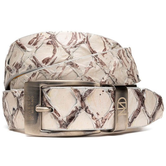 The Olivieri Belt Newspaper by Marco Di Milano features a beige and brown pattern, premium leather, and a silver buckle engraved with the brand logo—ideal for complementing luxury footwear.