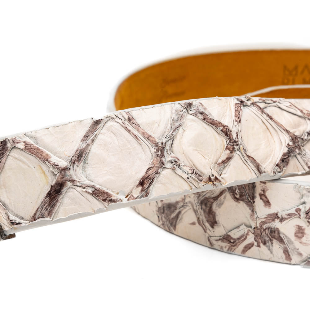 The Olivieri Belt Newspaper by Marco Di Milano features a beige and brown pattern, premium leather, and a silver buckle engraved with the brand logo—ideal for complementing luxury footwear.