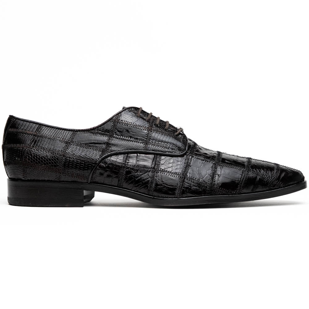 A pair of Marco Di Milano Pissa Brown textured leather dress shoes, with one shoe upright and the other on its side to showcase the sole.