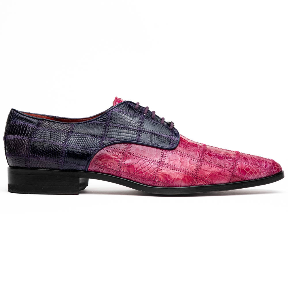 The Pissa Pink/Purple by Marco Di Milano are men's luxury dress shoes crafted from genuine exotics, featuring hand-painted pink and purple crocodile and lizard patterns—one shoe upright, the other on its side to display the sole.
